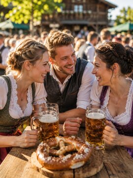 Drei Freunde genie&szlig;en frisches Bier und eine Brezel im gem&uuml;tlichen Biergarten. Fr&ouml;hliche Gespr&auml;che, traditionelle Trachten und herzliche Atmosph&auml;re stehen f&uuml;r gelebtes Brauchtum und Festfreude. Es ist
