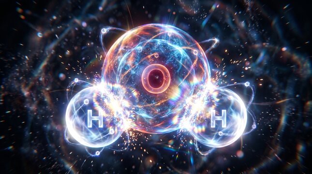 Water molecule structure with hydrogen and oxygen atoms in a glowing scientific visualization.