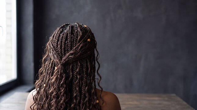 Black woman's goddess braids from overhead on dark background, ideal for hair care advertising.