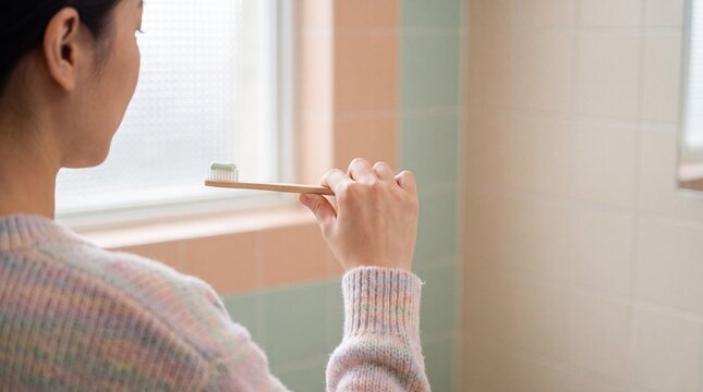 Asian Female Holding Bamboo Toothbrush with Toothpaste in Pastel Bathroom for Eco-Friendly Oral Care Branding