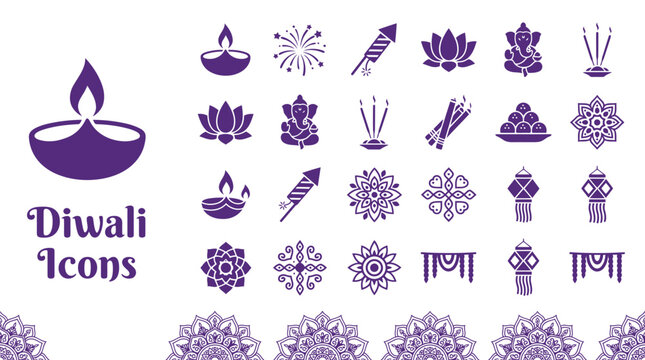 Diwali Icon Set Vector Purple Diya Ganesha Firework Rangoli Lantern Illustration Collection Design