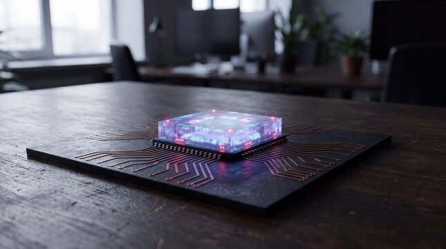Futuristic Glowing Microchip Processor with Red Bug Detection Lights for AI Technology Banner