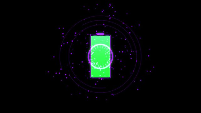 Animated charging battery icon showing energy level changes in dynamic neon tech environment.