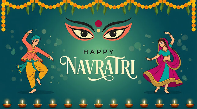 Colorful navratri dance celebration with goddess durga eyes traditional performers marigold garlands and lamps for durga puja and navratri vibrant festive background