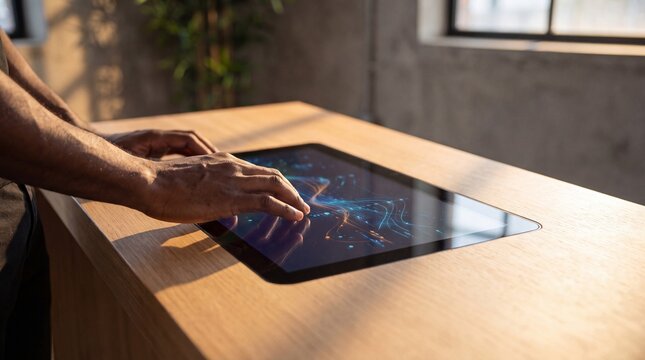 Black Male Hands Interacting with Data Graph on Interactive Screen for Machine Learning Presentation