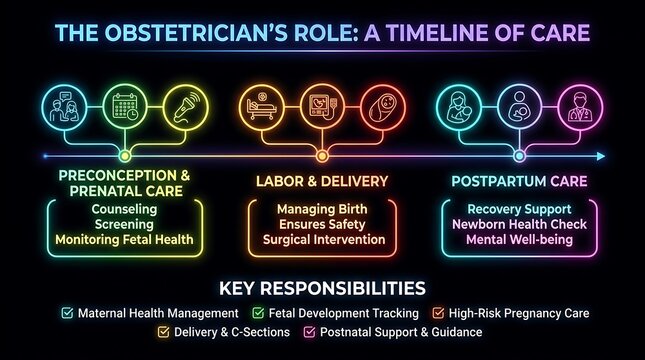 Obstetrician role timeline infographic, neon medical poster on pregnancy care, prenatal and postpartum health chart