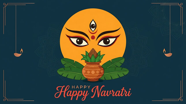 Decorative goddess durga eyes with ritual kalash green leaves and hanging lamps representing durga puja and navratri traditional hindu festive festival celebration