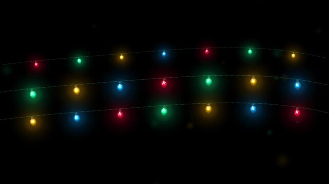 Colorful christmas string lights swinging on black background for holiday celebration animation.