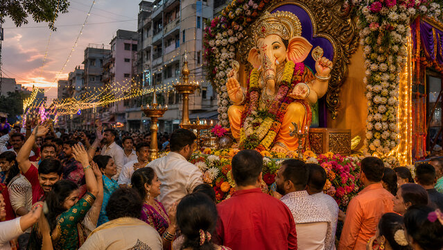Large Lord Ganesha Statue Procession with Devotees Celebrating Ganesh Chaturthi