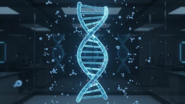 Blue DNA helix floats in dark lab space