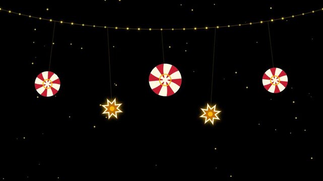 Hanging christmas ornaments with glowing stars and fairy lights swinging in dark festive background.