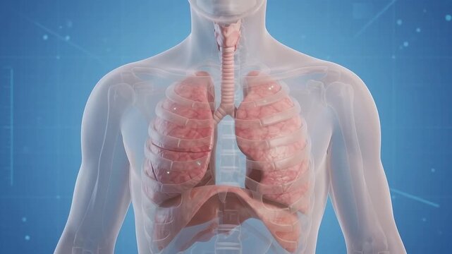 Human lungs pulse with life within transparent torso