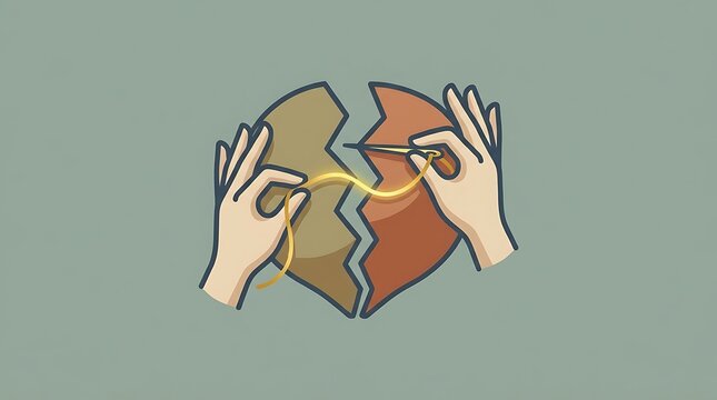 Hands sewing a broken heart with gold thread