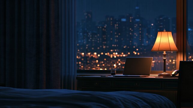 A hotel room desk overlooking city lights at night with cinematic night lighting