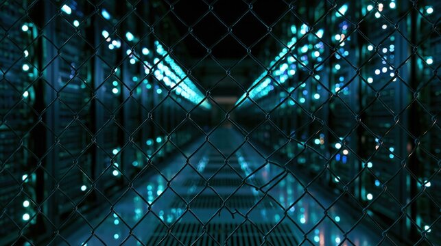 A secure server hall aisle seen through metal mesh with cinematic night lighting