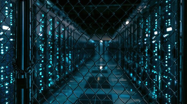 A secure server hall aisle seen through metal mesh with cinematic night lighting