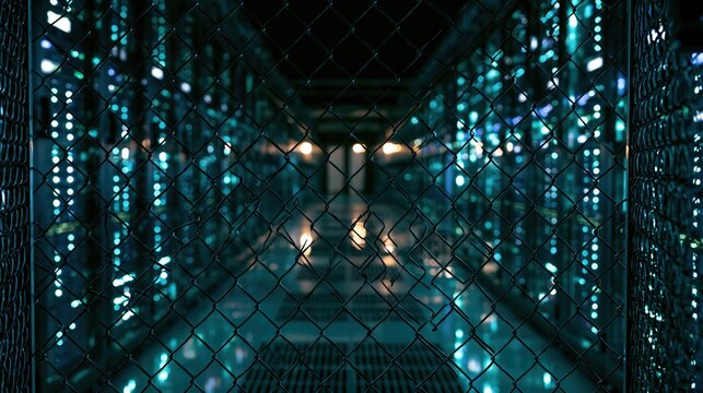 A secure server hall aisle seen through metal mesh with cinematic night lighting