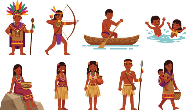 Indigenous Tribal People Character Set Featuring Traditional Outfits Chief Hunter Archer Canoe Warriors and Families for Cultural and Educational Designs