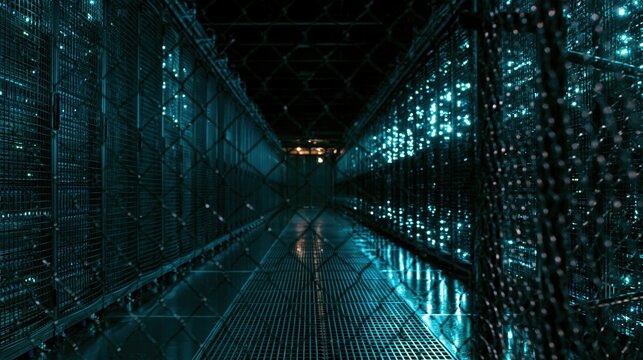 A secure server hall aisle seen through metal mesh with cinematic night lighting