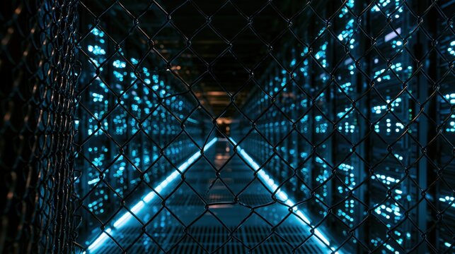 A secure server hall aisle seen through metal mesh with cinematic night lighting
