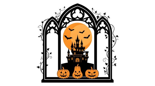 Spooky halloween castle scene framed by a gothic window with pumpkins below