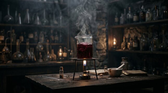 Steaming beaker with red liquid on a laboratory burner in a dark vintage science room.