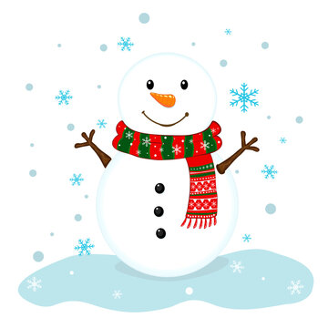Happy cartoon snowman character with carrot nose and winter scarf. Merry Christmas and Happy New Year greeting card design element isolated on white.