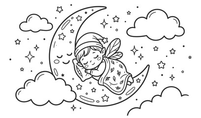 A delightful coloring page featuring a sweet little bear cub peacefully sleeping on a crescent moon surrounded by twinkling stars and fluffy clouds perfect © Mobaidul