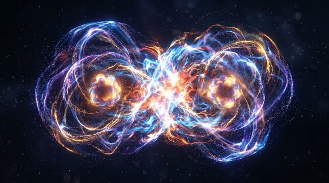Abstract visualization of two carbon atoms forming a covalent bond in deep space.