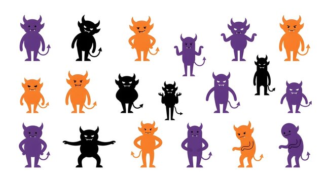 Set of cute devil character icons in flat vector style for Halloween design projects