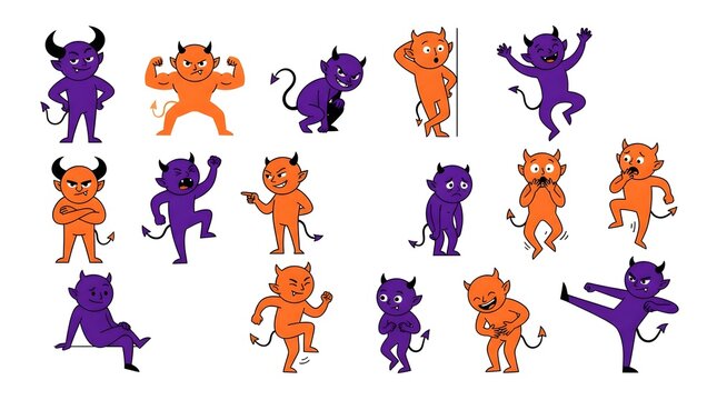 Halloween devil character set with various poses and expressions for festive design