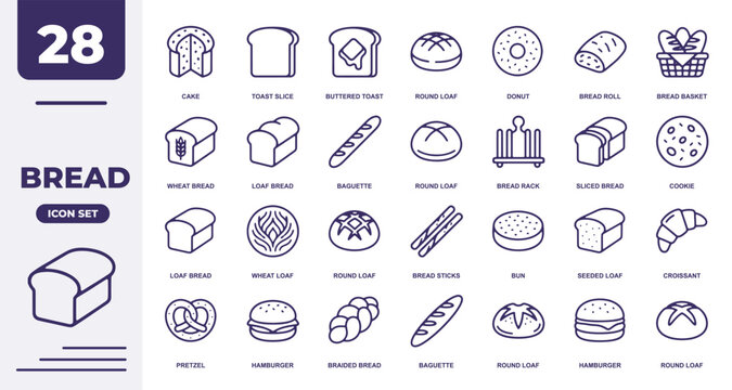 Set of 28 bread and bakery icons, vector illustration of various types of bread, rolls, and pastries for menu or food design