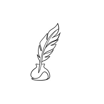 Feather Quill Pen and Inkwell Minimalist Line Art Icon White Background