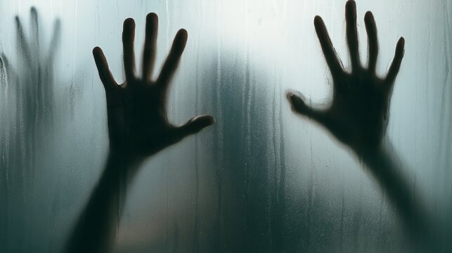 Blurred hands pressed against frosted glass, creating a mysterious and unsettling visual impression, evoking fear and isolation