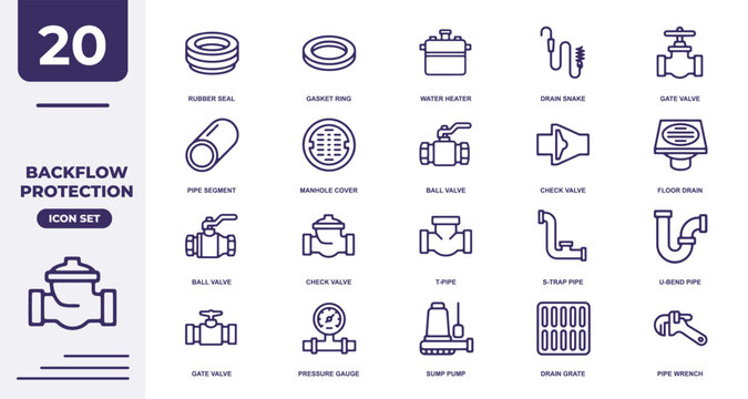 Set of 20 backflow protection line icons featuring plumbing valves, pipes, and drainage components