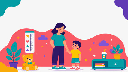Naklejka premium Woman and child stand close, holding hands. Soft colors fill a playful, cozy room. Teddy bear sits near a potted plant. Coffee cup rests on a small table. Background shows a growth chart and clouds
