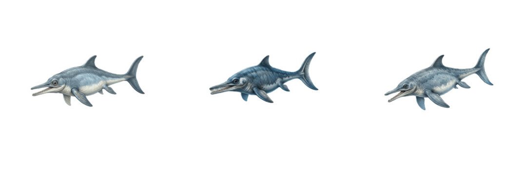 Prehistoric ichthyosaurs swimming in ancient ocean, extinct marine reptiles and Mesozoic era sea creatures, paleontology and ancient aquatic wildlife illustration PNG graphic isolated on white