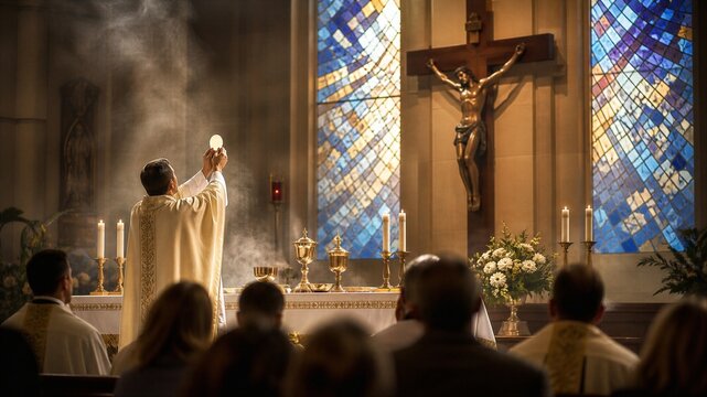 Priest elevating eucharist host during catholic mass in church with crucifix stained glass window candles and incense smoke.