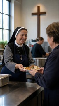 Smiling catholic nun in apron serving food to woman at church community kitchen. Sister with cross necklace doing charity meal service.