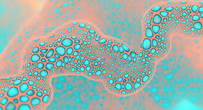 Mesmerizing abstract design featuring vibrant teal organic bubbles flowing on a peach background, creating a dynamic textured pattern reminiscent of a mystical fluid horizon