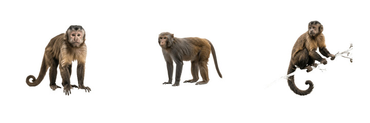 Fototapeta premium Brown capuchin monkeys in various poses, wild tropical primates and cute exotic animals isolated on white background, wildlife photography and nature fauna PNG graphic illustration
