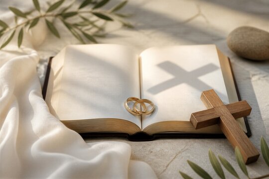 Two gold wedding rings on open bible with wooden cross and cross shadow. Christian marriage covenant and faith symbol.