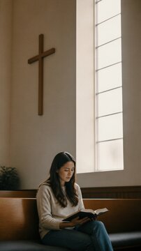 Woman reading bible in church sanctuary sitting on wooden bench under cross.