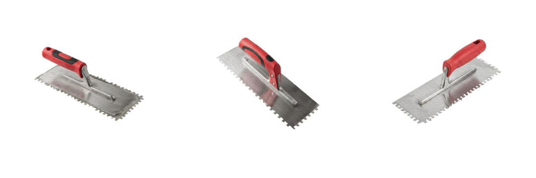 Set of notched trowels with red handles, steel tiling trowels for spreading adhesive and mortar, construction and renovation masonry tools PNG graphic illustration isolated on white background