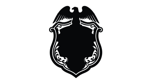 Eagle above heraldic shield with ornate flourishes black silhouette