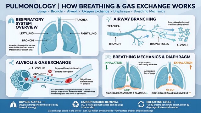 Pulmonology Infographic Explaining Human Respiratory System Anatomy, Breathing Mechanics, and Alveoli Gas Exchange.