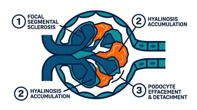 Medical Diagram of Kidney Glomerulus Pathology with Focal Segmental Glomerulosclerosis and Hyalinosis.