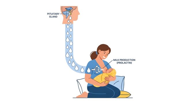 Medical illustration showing prolactin hormone role from pituitary gland in mother breastfeeding infant.