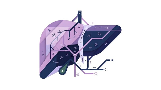 Stylized medical illustration of human liver and gallbladder anatomy with circuit elements on white background.