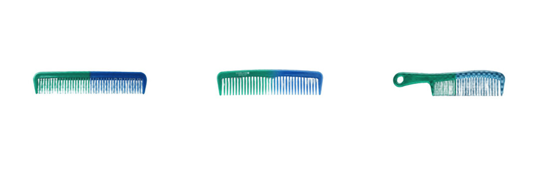 Set of hair combs and hairbrush grooming tools, green and blue plastic hairdresser accessories, barber styling equipment, hair care PNG graphic illustration isolated for design
